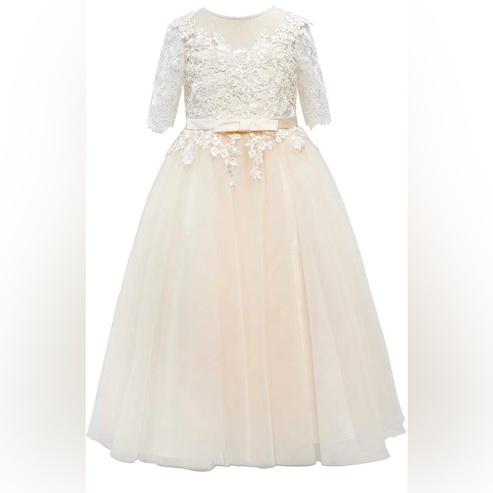 Champagne Tulle Ivory Lace Short Sleeves Wedding Flower Girl Dress